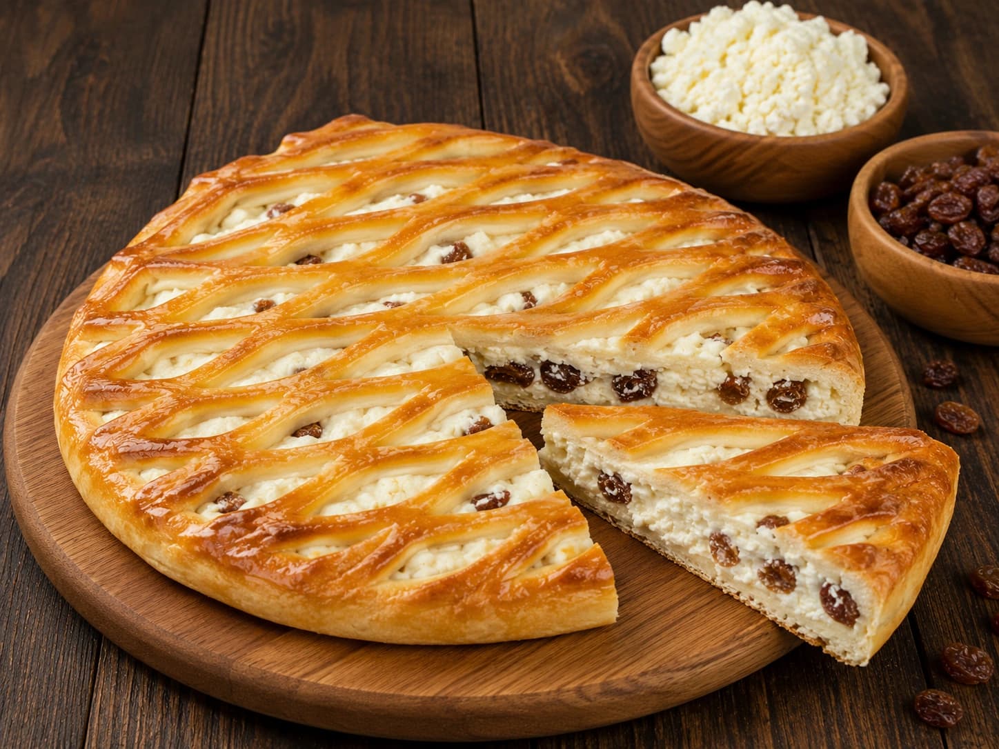 Сладкий пирог с творогом и изюмом